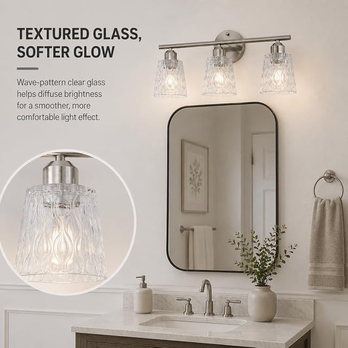 Brushed Nickel Bathroom Light Fixture, 3-Light Modern Vanity Light Over Mirror with Textured Glass Shades, Stainless Steel Construction, E26 Sockets (Bulbs Not Included)
