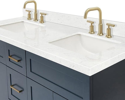 ARIEL Hamlet 60-inch Bathroom Vanity with Sink,Solid Wood, 1.5-inch Carrara White Quartz Countertop, Double Rectangular Porcelain Sink, 4 Soft Closing Doors, 3 Dovetail Drawers, Midnight Blue