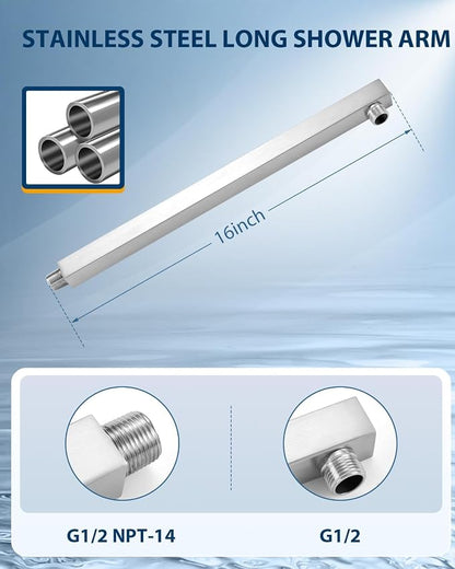 All Metal Rainfall Shower Head with Extension Arm Brushed Nickel, 12" Large Rain Square Showerhead with 16" Shower Arm All Stainless Steel, 144 Silicone Nozzles Waterfall Full Body Coverage