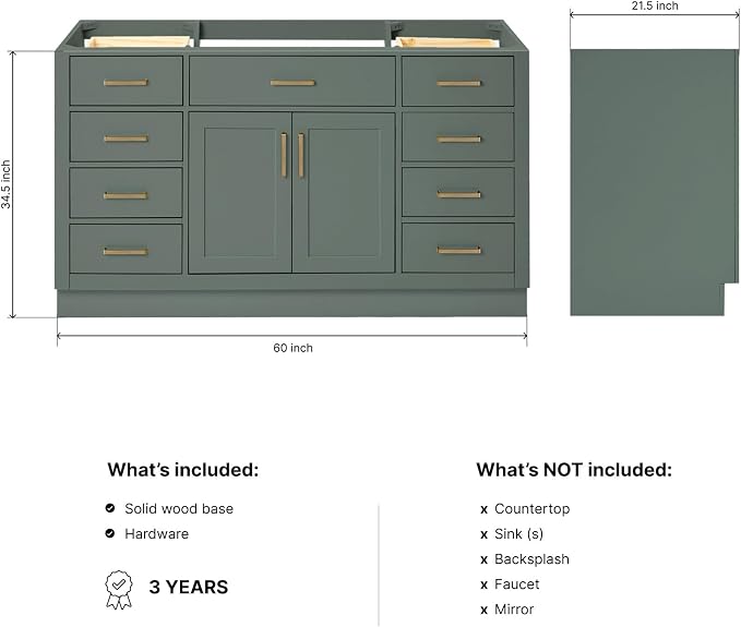 ARIEL Hepburn 60-inch Bathroom Vanity Base Cabinet,Solid Wood, 2 Soft Closing Doors, 9 Dovetail Drawers, Vintage Green