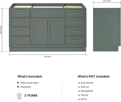 ARIEL Hepburn 60-inch Bathroom Vanity Base Cabinet,Solid Wood, 2 Soft Closing Doors, 9 Dovetail Drawers, Vintage Green