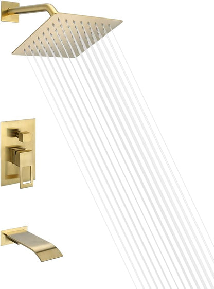 SUMERAIN Wall Mount Tub and Shower Faucet Set, Brushed Gold | 8 Inch High Pressure Shower Head, Waterfall Tub Spout, Anti-scalding Pressure Balance Valve