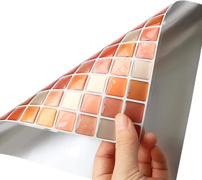 3D Mosaic Tile Sticker Removable Wallpaper Tile Orange, 3D Self Adhesive Wall Tiles Bathroom Wall Tiles for Kitchen Backsplash Orange, PVC Square Decorative Vinyl Decals, 4 Sheets