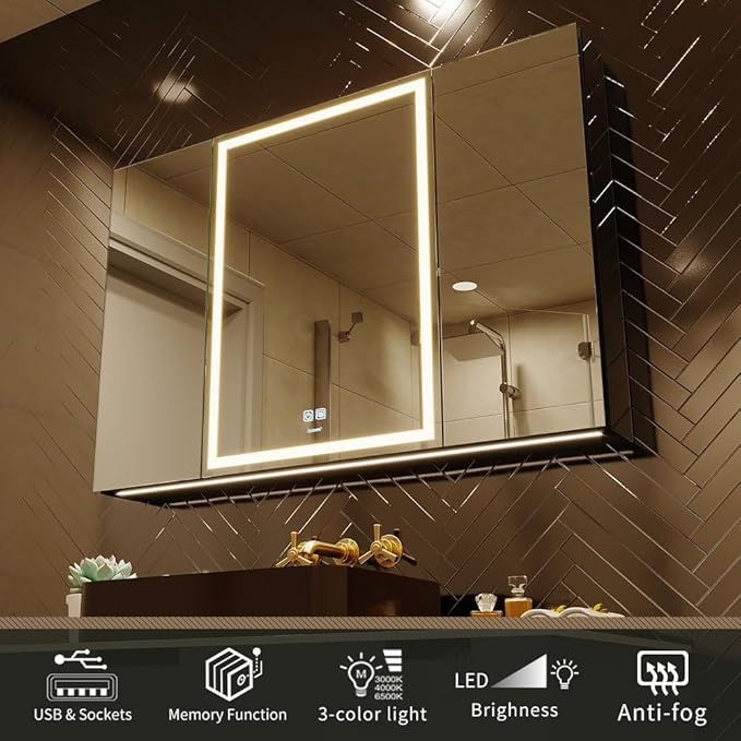 LED Lighted Bathroom Medicine Mirror Cabinet with Sockets & USBs, Anti-Fog Dimmable Light and Color Adjustment, Easy to Install Aluminum Cabinet (40 * 28 Three-Door)