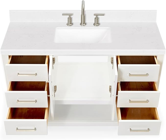 DKB Olivia 48-Inch White Bathroom Vanity with Sink, 1.5-Inch Carrara Quartz Countertop & Backsplash, Rectangular Undermount Sink, 2 Soft-Closing Doors, 6 Dovetail Drawers, Brushed Nickel