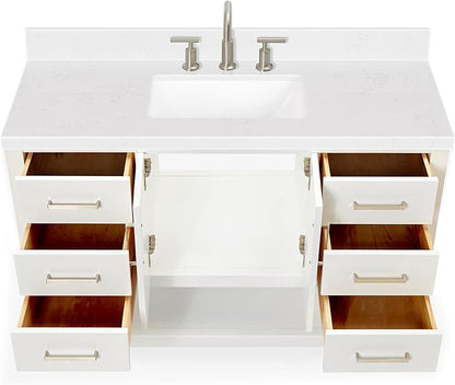 DKB Olivia 48-Inch White Bathroom Vanity with Sink, 1.5-Inch Carrara Quartz Countertop & Backsplash, Rectangular Undermount Sink, 2 Soft-Closing Doors, 6 Dovetail Drawers, Brushed Nickel