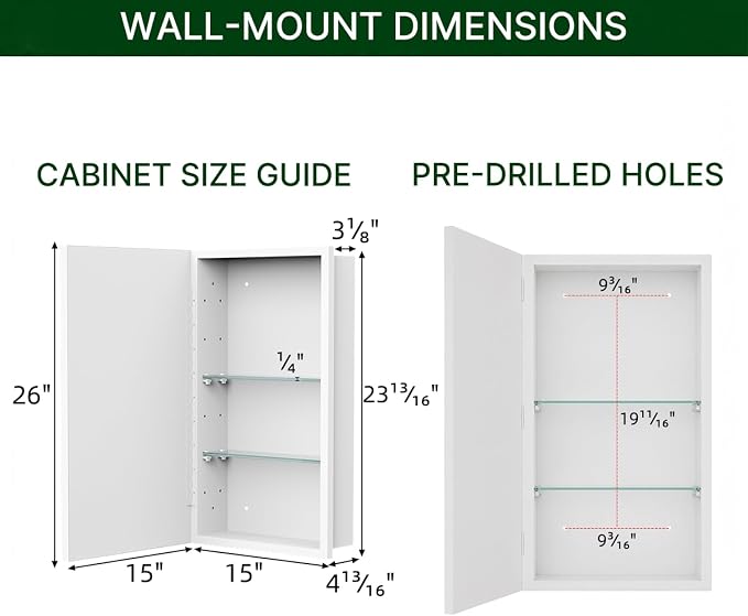 Buruis Framed Medicine Cabinet Mirror, Fits 14" × 24" Rough Opening, White | Recessed or Wall Mount, Adjustable Glass Shelves, Reversible Left or Right Door Opening, 15" × 26" Overall Dimensions