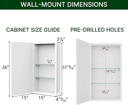 Buruis Framed Medicine Cabinet Mirror, Fits 14" × 24" Rough Opening, White | Recessed or Wall Mount, Adjustable Glass Shelves, Reversible Left or Right Door Opening, 15" × 26" Overall Dimensions