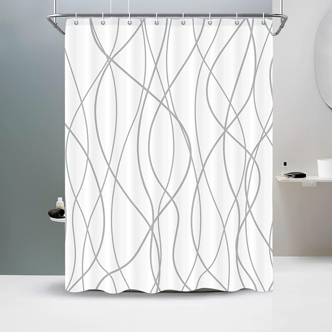 Striped Shower Curtain for Bathroom, Grey White, 60" W x 72" L | with Hooks, Modern Hotel Style, Water Repellent, Washable, Weighted Hem