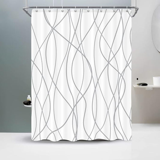 Striped Shower Curtain for Bathroom, Grey White, 60" W x 72" L | with Hooks, Modern Hotel Style, Water Repellent, Washable, Weighted Hem