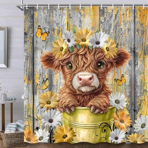 Cute Baby Highland Cow Shower Curtain, Farmhouse Yellow Wooden Daisy Shower Curtain for Bathroom Set, Funny Cattle Rustic Animal Fabric Waterproof Shower Curtains for Bathtub Decor with Hooks 36X72in