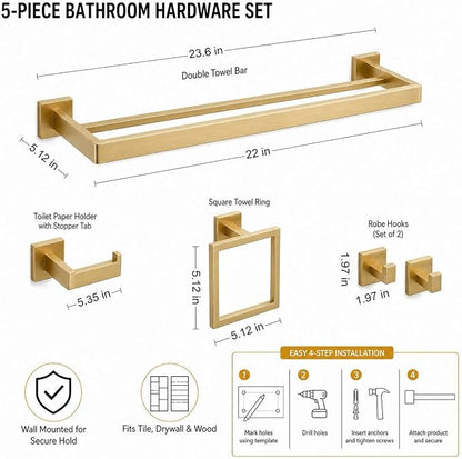 Luxury 5-Piece Bathroom Hardware Set, 23.6" Double Towel Bar & Wall Mounted Bathroom Accessories Set, SUS304 Stainless Steel Solid Metal Construction, Modern Square Design, Brushed Gold