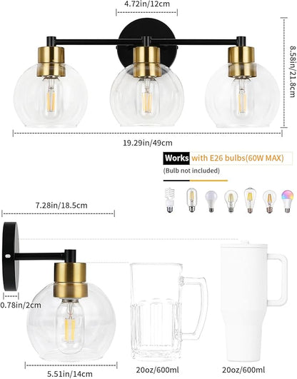 WILON Modern Bathroom Light Fixtures Over Mirror, 3-Light Bathroom Vanity Light, Black and Gold Vanity Light Fixture, Wall Lamp with Globe Clear Glass Shades