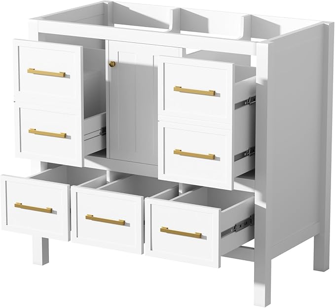 Merax 36 Inch White Bathroom Vanity Without Sink Top,Freestanding Bathroom Vanity Base Cabinet Only,with 5 Drawers,Soft Closing Door & Gold Handles,Solid Wood Frame(Basin Not Included),1 Package