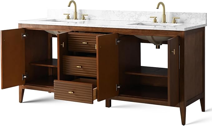 Vanity Art 72 inch Walnut Bathroom Vanity with Double Sink & Ceramic Top, Vanity Cabinet with Soft-Closing Door, Solid Wood Frame, Linear Pattern, Walnut, VA9172-DWalnut-MB,Matte Black Handles