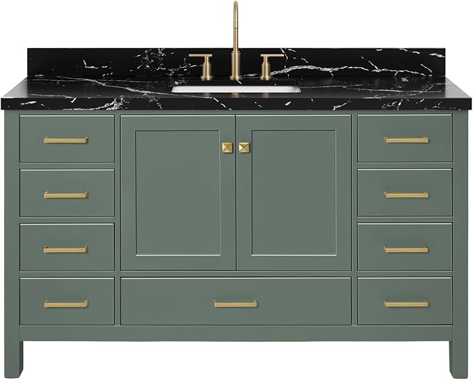 ARIEL Cambridge 60 Inch Single Rectangle Sink Bathroom Vanity with Nero Marquina Black Quartz Countertop 1.5 Inch in Vintage Green