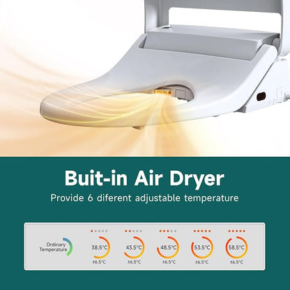 Bidet Seat with Warm Water and Dryer - Electrically Heated Elongated Toilet Seat with Adjustable Temperature, Gentle Closing, and Night Light