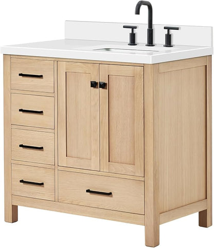 ARIEL Cambridge 36-inch Bathroom Vanity with Sink,Solid Wood, 1.5-inch Pure White Quartz Countertop, Single Rectangular Porcelain Sink, 2 Soft Closing Doors, 5 Dovetail Drawers, White Oak