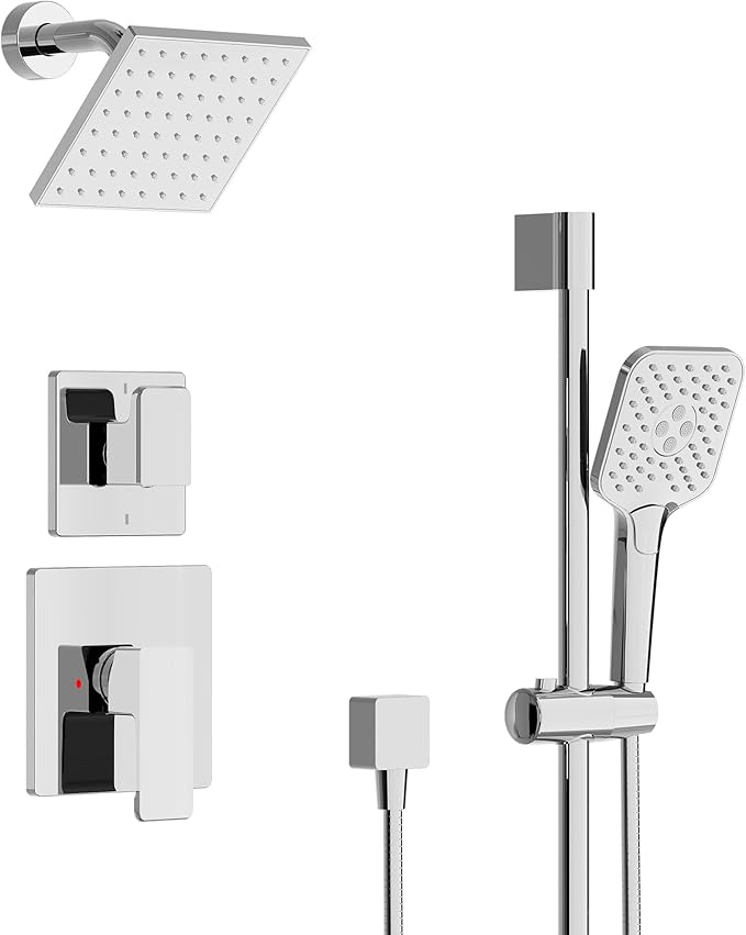 Rain Shower System - 6 inches Shower Head with Handheld Combo Set, Wall Mounted Shower Faucet Set with Slide Bar and 3-Setting Handheld Shower Head (Shower Valve and Trim Kit Included), Chrome