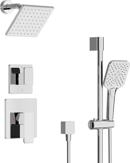 Rain Shower System - 6 inches Shower Head with Handheld Combo Set, Wall Mounted Shower Faucet Set with Slide Bar and 3-Setting Handheld Shower Head (Shower Valve and Trim Kit Included), Chrome