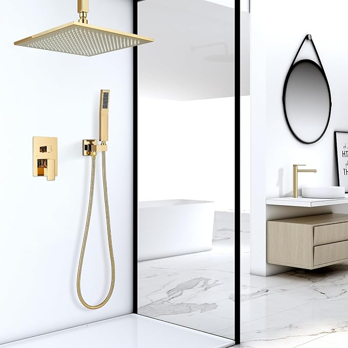 Polished Gold Shower System 12 Inch LED Square Rainfall Shower Head Ceiling Mount Shower Faucet Set with Hand Sprayer Rough-in Valve Trim Kit Bathroom Mixer Shower Combo Set