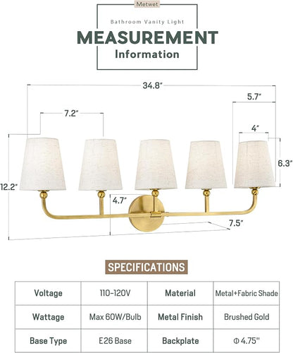 5-Light Brushed Gold Bathroom Vanity Light with Linen Fabric Shade | 35 Inch gold bathroom light fixture over mirror, UL listed, E26 bulbs, hardwired, upward only, VL837-BG-A-5