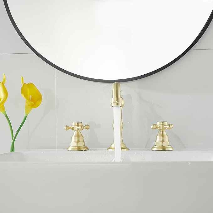 GGStudy Brushed Gold Bathroom Faucet 2 Handles 3 Holes Widespread Bathroom Sink Facuet Washingroom Faucet Mixer Tap wiith Pop Up Drain