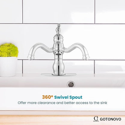 gotonovo Bathroom Faucet 1 Hole Vintage,Polish Chrome,7.1” Spout Reach | Bathroom Sink Faucet for 1 or 3 Hole Single Handle,Deck Plate,360° Swivel Spout,Pop Up Drain,cUPC Supply Hoses,for Vanity RV