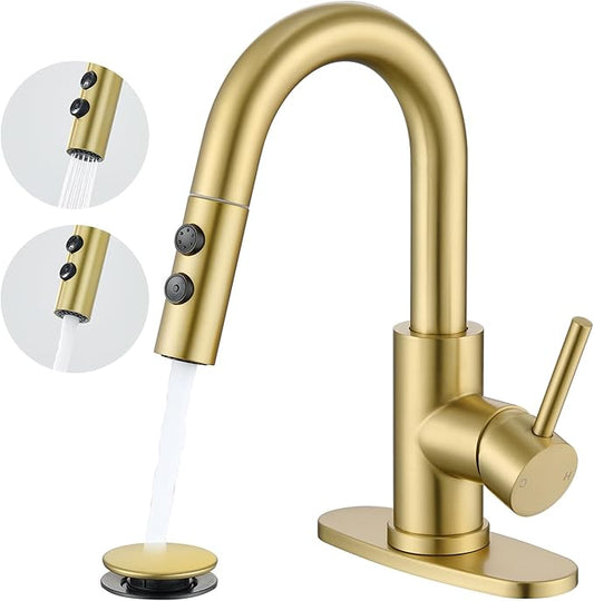 Gold kitchen faucet with water flow indicators on a white background