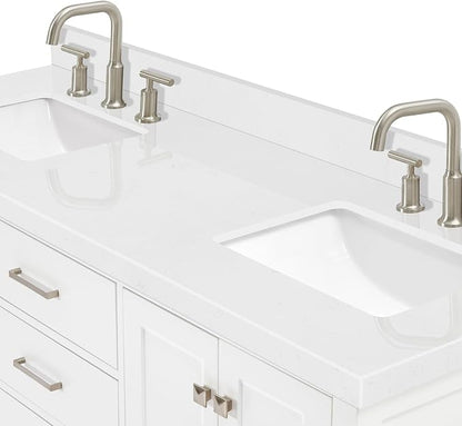 Beckford 66-Inch White Double Bathroom Vanity, 1.5-Inch Edge Carrara Quartz Countertop & Splash, Rectangular Sinks, 4 Soft Closing Doors, 6 Full Extension Dovetail Drawers, Brushed Nickel