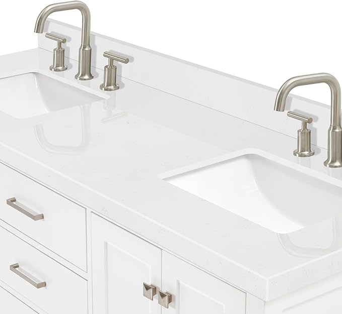 ARIEL Cambridge 66-inch Bathroom Vanity with Sink,Solid Wood, 1.5-inch Carrara White Quartz Countertop, Double Rectangular Porcelain Sink, 4 Soft Closing Doors, 6 Dovetail Drawers, White