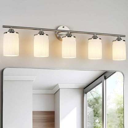 Jonsi Nickel Bathroom Light Fixtures 5-Light Vanity Lights Modern Wall Sconce with Milk White Shade Brushed Nickel Bathroom Light Fixture Over Mirror for Bedroom Hallway Kitchen