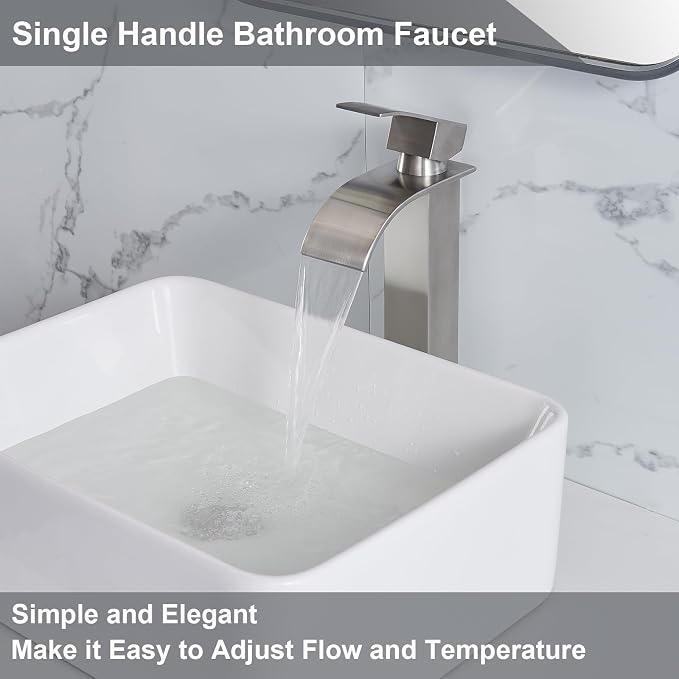 Tall Bathroom Vessel Sink Faucet, Brushed Nickel Tall Waterfall Single Handle 1 Hole Bathroom Vessel Sink, Bowl Wash Basin Lavatory Vanity Faucets with Pop-up Drain