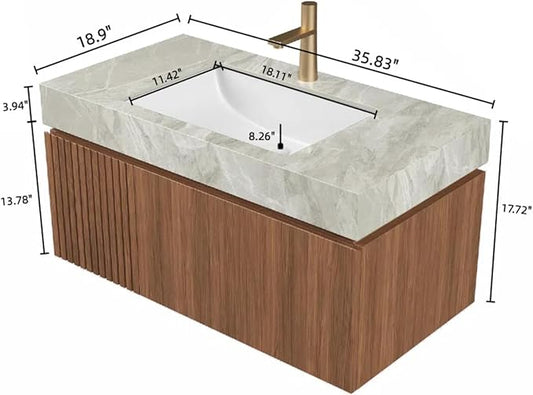 36" Bathroom Vanity with Sink, Wall-Mounted Plywood Bathroom Storage Cabinet with Ceramic Basin & Sintered Stone Countertop, Modern Pre-Assembled Floating Vanity with Drawer & Door, Brown Oak