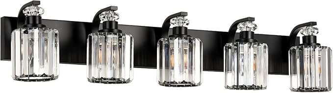 Black Bathroom Light Fixtures with K9 Crystal Lampshade Bathroom Lighting Over Mirror Vanity Lights for Living Room,Bedroom,Restroom,Hallway 5 Lights