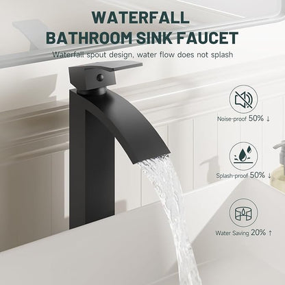 Matte Black Vessel Sink Faucet, Waterfall Bathroom Faucets | Brass, Tall Spout, Single Handle 1 Hole Bathroom Faucet, Modern Basin Taps with Supply Line, Pop Up Drain, Without Overflow
