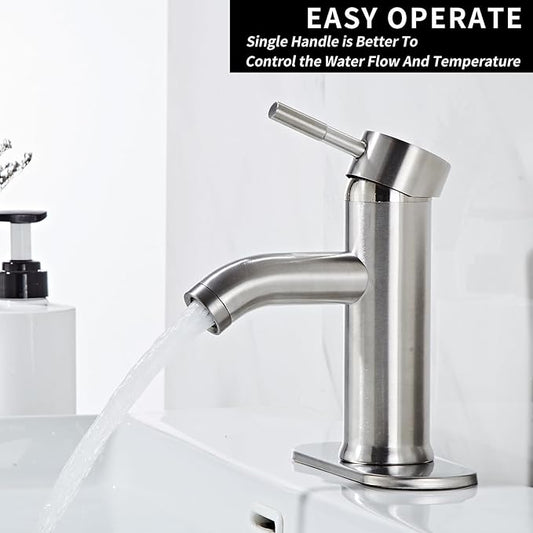 Bathroom Faucet, Modern Single Handle, Brushed Nickel, Stainless Steel & Brass, 1-3 Hole, Deck Mount, Pop-up Drain, Ceramic Filter