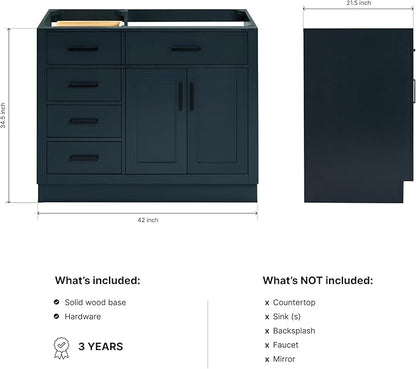 ARIEL Hepburn 42-inch Bathroom Vanity Base Cabinet,Solid Wood, 2 Soft Closing Doors, 5 Dovetail Drawers, Midnight Blue