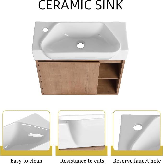 24" Bathroom Vanity with Ceramic Sink, Farmhouse Cabinet, Natural | Curved Sink Ceramic, Soft-Close Door, Interior Compartment and 2-Tier Open Side Shelves, 45° Inclined Edge Handle