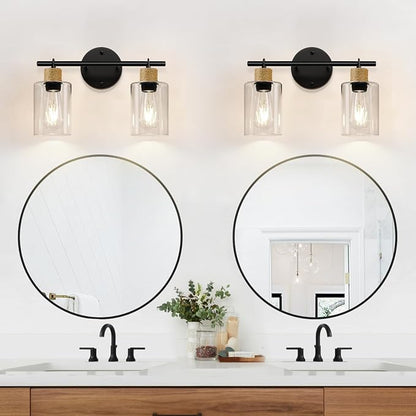 MOKATNG Bathroom Light Fixtures, 2-Light Farmhouse Vanity Lights with Hemp Rope, Black Bathroom Wall Lamp for Mirror Kitchen Hallway Cabinet