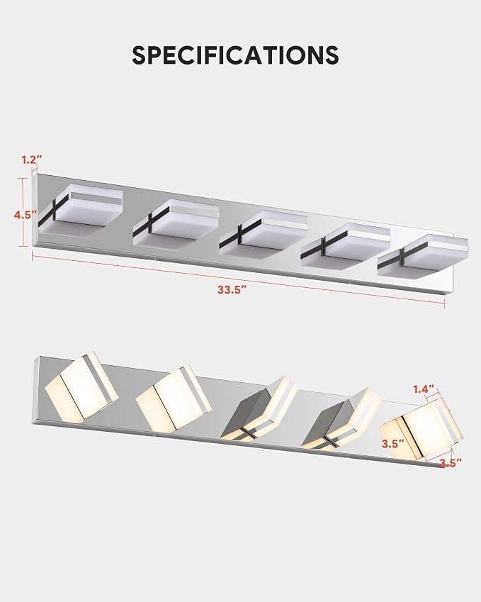 VONLUCE LED Modern Bathroom Vanity Light Fixture, Chrome | 34'', 5-Light, 3CCT, 360° Rotate, High CRI, Flicker-free, Dimmable, Memory Function, Waterproof IP44, Easy Installation