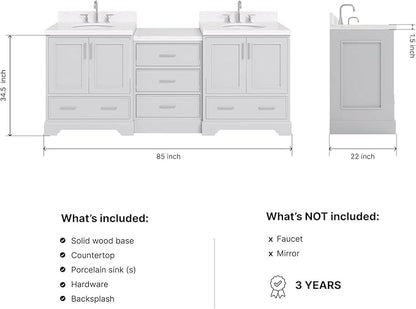 ARIEL Stafford 84-inch Bathroom Vanity with Sink,Solid Wood, 1.5in Carrara White Quartz Countertop & Backsplash, Double Oval Porcelain Sink, 4 Soft Closing Doors, 5 Dovetail Drawers, Grey