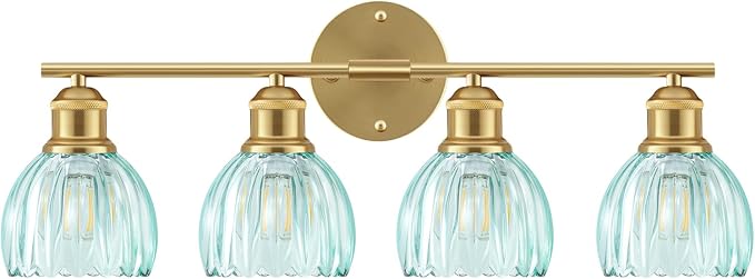 Bathroom Light Fixtures, 4-Light Brushed Gold Vanity Lights for Bathroom with Blue Tulip Glass Shade, 26" Vintage Bathroom Vanity Lighting Fixtures Over Mirror for Bedroom Living Room Hallway