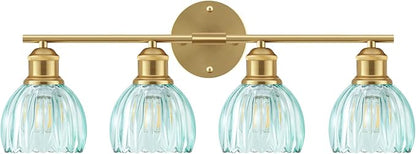 Bathroom Light Fixtures, 4-Light Brushed Gold Vanity Lights for Bathroom with Blue Tulip Glass Shade, 26" Vintage Bathroom Vanity Lighting Fixtures Over Mirror for Bedroom Living Room Hallway