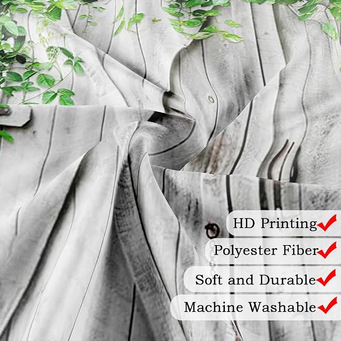 Rustic Wooden Board Barn Door Shower Curtain Sets for Bathroom, Vintage Farmhouse Wooden Theme Plank Green Leaves Bath Curtain, Fabric Grass and Flowers Spring Decoration Curtains with Hooks 70X70IN