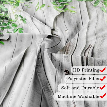 Rustic Wooden Board Barn Door Shower Curtain Sets for Bathroom, Vintage Farmhouse Wooden Theme Plank Green Leaves Bath Curtain, Fabric Grass and Flowers Spring Decoration Curtains with Hooks 60X70IN