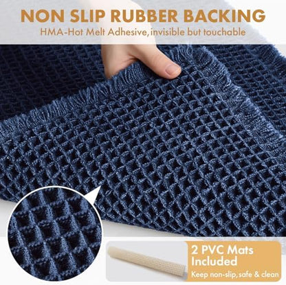 MIULEE Set of 2 Waffle Bathroom Rugs Navy Blue Bath Mat 17"x24"+17"x48"