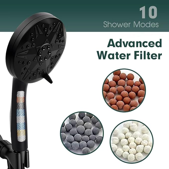 Matte Black Filtered Handheld Shower Head – 10 Spray Modes with Rain & Massage, Built-in Filter, Anti-Clog Nozzles, Power Rinse for Tile & Pets, Easy to Install