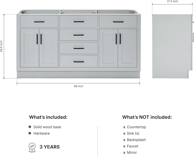 ARIEL Hepburn 66-inch Bathroom Vanity Base Cabinet,Solid Wood, 4 Soft Closing Doors, 6 Dovetail Drawers, Grey