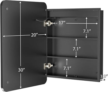 ROOMTEC Lighted Medicine Cabinet with Mirror 20"x30", Wall Mounted Bathroom Mirror with Storage, Single Doors Bathroom Wall Cabinet with LED Lights,Black
